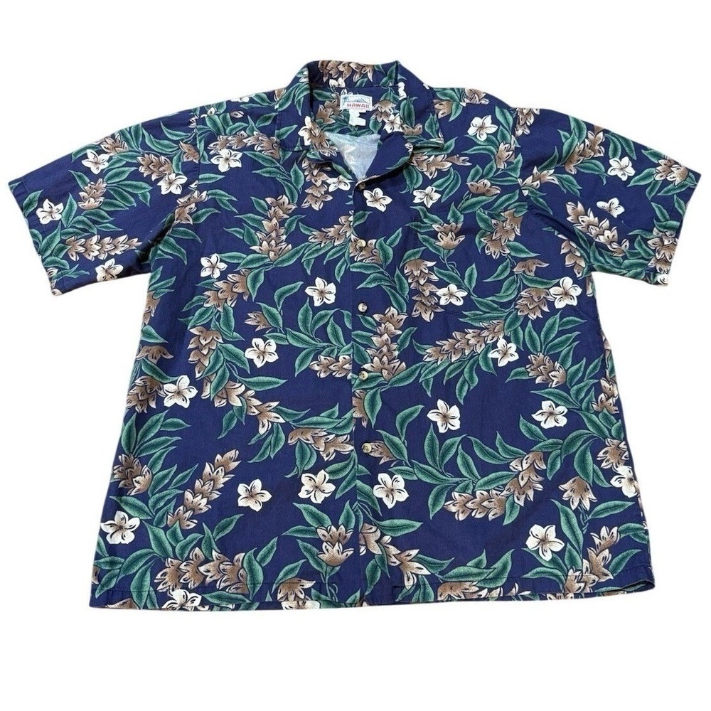 Vintage Hawaii Mens XL Floral Aloha Shirt Blue‎ Cotton Tropical Made in USA